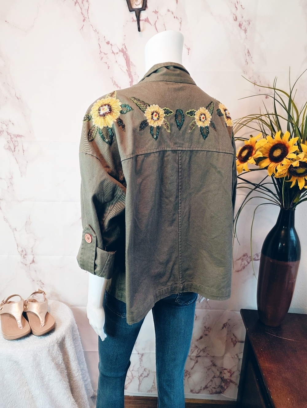 Mango Embroidered Utility Jacket Olive Floral Military Boho S - Picture 7 of 12